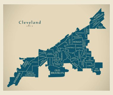 Modern şehir haritası - mahalleler ve başlıkları ile ABD'nin Cleveland Ohio city