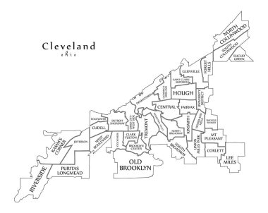 Modern şehir haritası - mahalleler ve başlıklar anahat harita ile ABD'nin Cleveland Ohio city