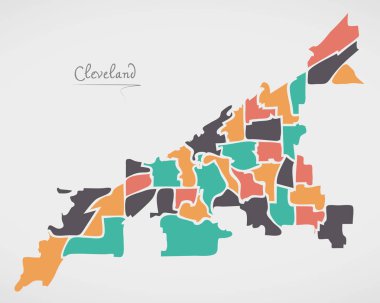 Cleveland Ohio Map with neighborhoods and modern round shapes clipart