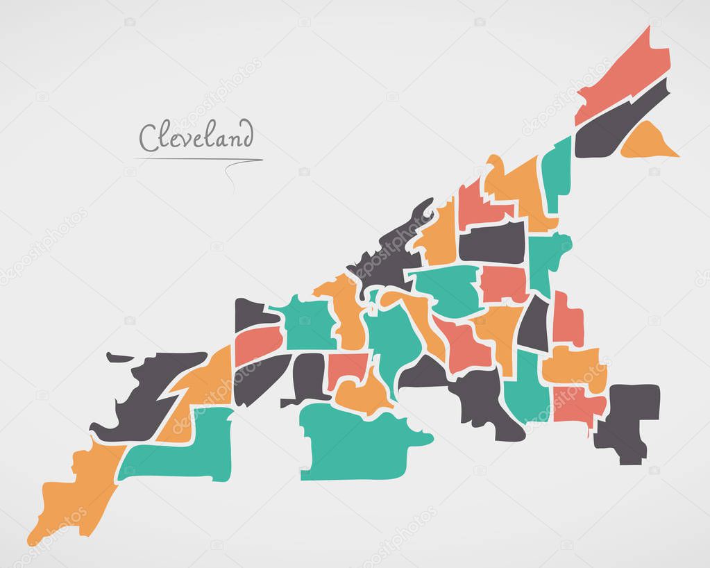 Cleveland Ohio Map with neighborhoods and modern round shapes