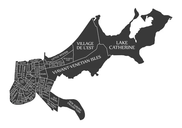 Nova Orleães Louisiana Mapa Cidade Eua Rotulado Ilustração Preta —  Vetores de Stock