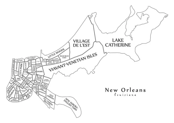 Modern şehir haritası - New Orleans Louisiana şehir mahalleleri ve başlıklar anahat harita ile ABD