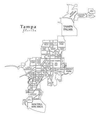Modern şehir haritası - Tampa Florida şehir mahalleleri ve başlıklar anahat harita ile ABD