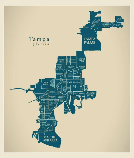 Moderner Stadtplan Tampa Florida Stadt Der Usa Mit Vierteln Und — Stockvektor