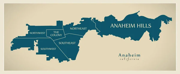 近代的な都市地図 地域とタイトルとアメリカ合衆国のカリフォルニア州アナハイム市 — ストックベクタ