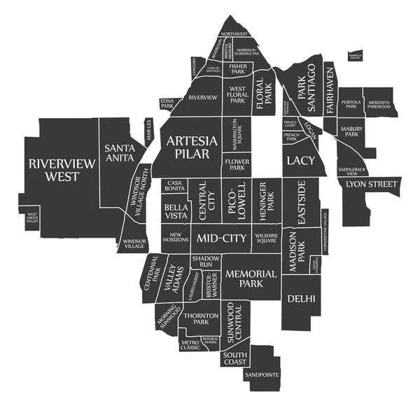 Mapa Ciudad Santa Ana California Etiquetado Como Ilustración Negro — Archivo Imágenes Vectoriales