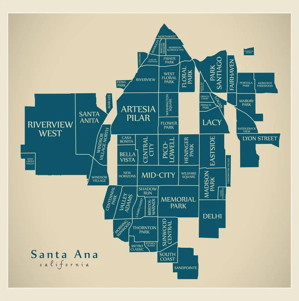 近代的な都市地図 地域とタイトルが付いている米国のカリフォルニア州サンタ アナ市 — ストックベクタ