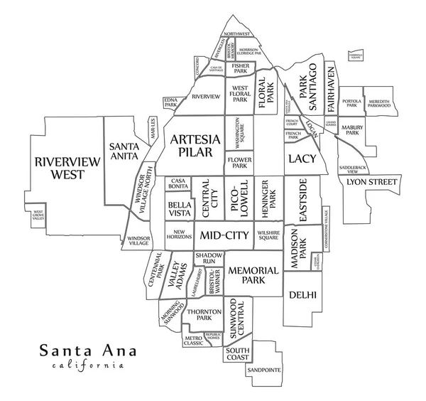 Modern şehir haritası - Santa Ana California şehir mahalleleri ve başlıklar anahat harita ile ABD