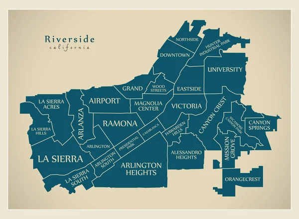 Plattegrond Van Moderne Stad Riverside Californië Stad Van Met Buurten — Stockvector