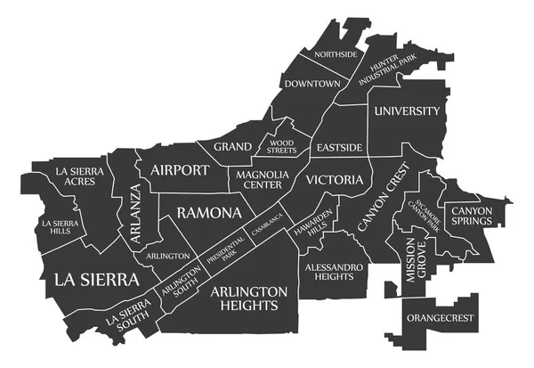 Riverside California Mapa Cidade Eua Rotulado Ilustração Preta — Vetor de Stock