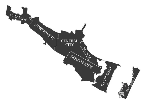 Corpus Christi Texas Mapa Ciudad Etiquetado Como Ilustración Negro — Vector de stock