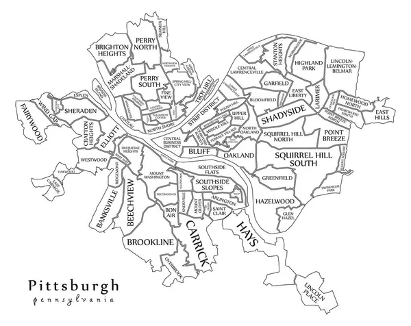 现代城市地图 美国匹兹堡宾夕法尼亚城市与邻里和标题概要地图 — 图库矢量图片