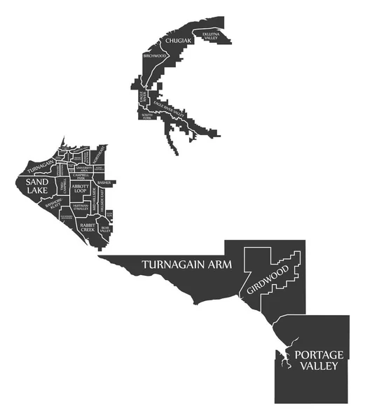 アラスカ アンカレッジ市マップ米国ラベル黒の図 — ストックベクタ