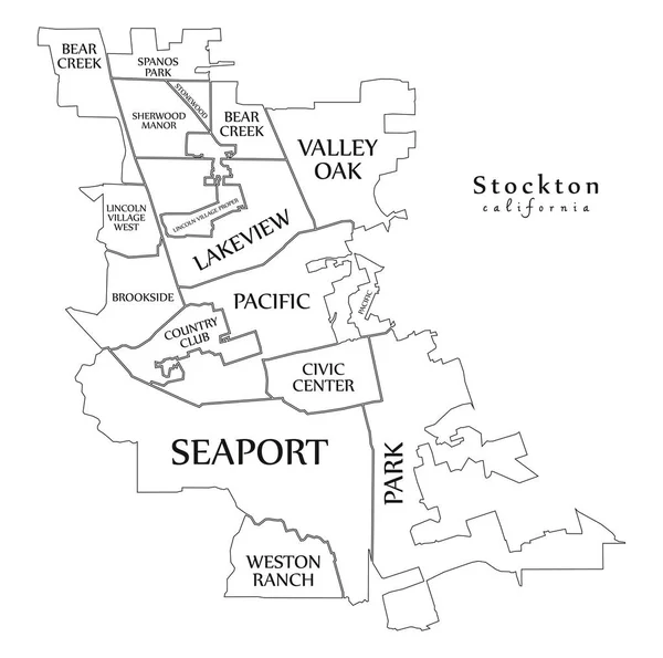 Mapa Cidade Moderna Stockton Califórnia Cidade Dos Eua Com Bairros — Vetor de Stock