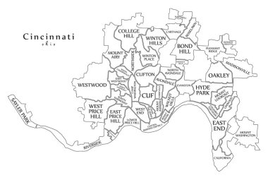 Modern City Map - Cincinnati Ohio city of the USA with neighborhoods and titles outline map clipart