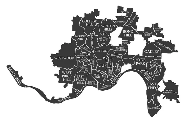 Cincinnati Ohio Mapa Ciudad Etiquetado Como Ilustración Negro — Vector de stock