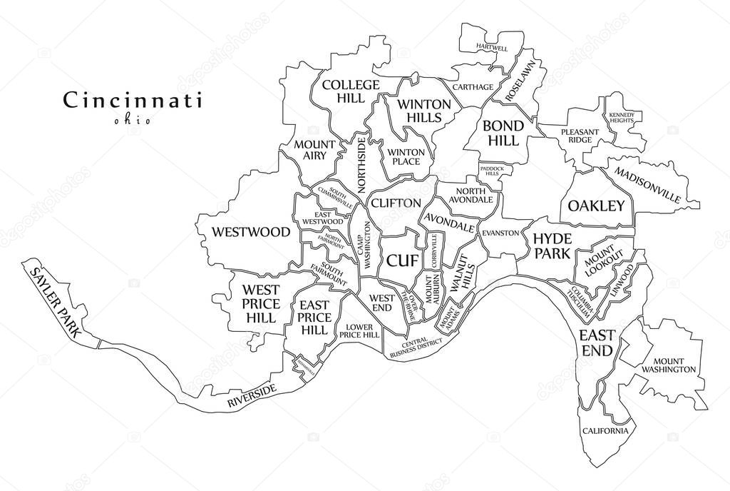 Modern City Map - Cincinnati Ohio city of the USA with neighborhoods and titles outline map