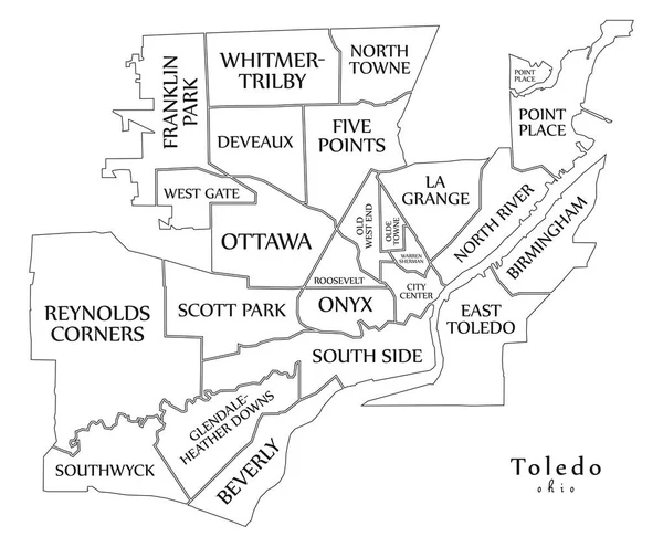 Moderní City Mapa Město Toledo Ohio Usa Čtvrtí Tituly Obrys — Stockový vektor