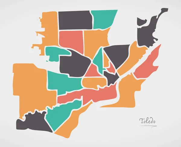 Toledo Ohio Mapa Con Barrios Formas Redondas Modernas — Vector de stock
