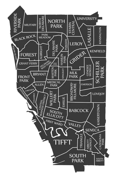 Peta Kota Buffalo New York Amerika Serikat Berlabel Ilustrasi Hitam - Stok Vektor