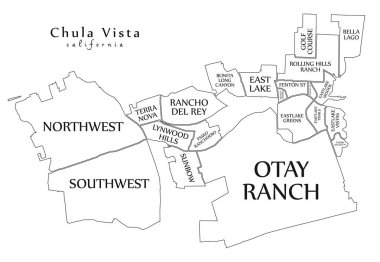 Modern şehir haritası - Chula Vista California şehir mahalleleri ve başlıklar anahat harita ile ABD