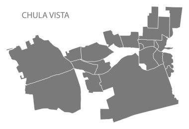 Chula Vista California şehir haritası mahalleler ile gri illüstrasyon siluet şekli