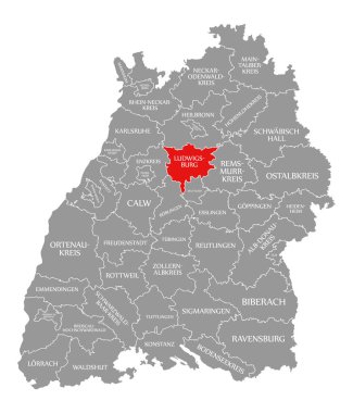 Ludwigsburg İlçesi kırmızı Baden Wuerttemberg haritasında vurgulanan 