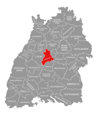 Boeblingen İlçesi kırmızı Baden Wuerttemberg G haritasında vurgulanan