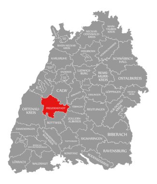 Freudenstadt İlçesi kırmızı Baden Wuerttemberg haritasında vurgulanan