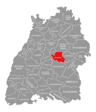 Esslingen İlçesi kırmızı Baden Wuerttemberg Ge Haritası vurgulanan