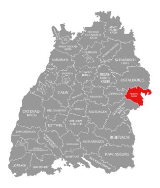 Heidenheim İlçesi kırmızı Baden Wuerttemberg G haritasında vurgulanan