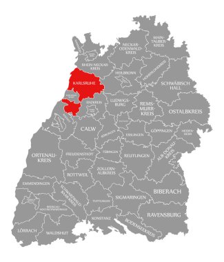 Karlsruhe İlçesi kırmızı Baden Wuerttemberg Ge haritasında vurgulanan