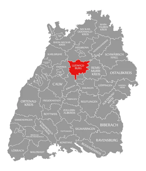 Landkreis Ludwigsburg rot hervorgehoben in Karte von Baden-Württemberg — Stockfoto