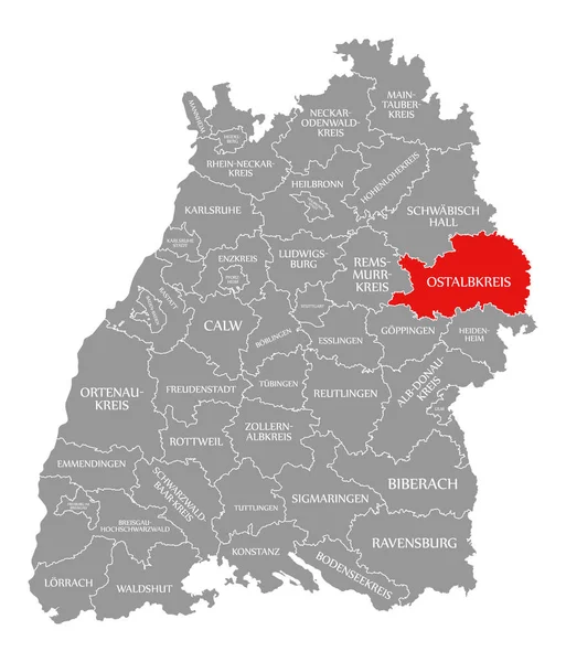 Okres ostalbkreis červeně zvýrazněný na mapě Baden Wuerttemberg — Stock fotografie
