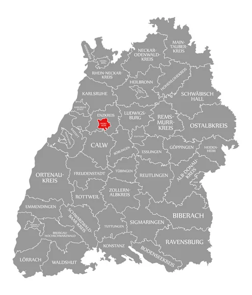 Powiat Pforzheim czerwony wyróżnione na mapie Baden Wuerwirtemberge — Zdjęcie stockowe