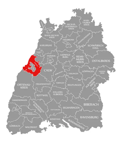 Rastatt ilçe kırmızı Baden Wuerttemberg germ haritasında vurgulanmış — Stok fotoğraf