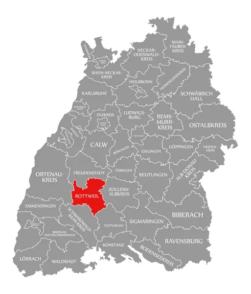 Rottweil el condado rojo destacado en el mapa de Baden Wuerttemberg Ger — Foto de Stock