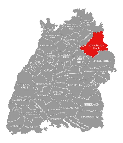 Condado de Schwaebisch Hall vermelho destaque no mapa de Baden Wuerttem — Fotografia de Stock