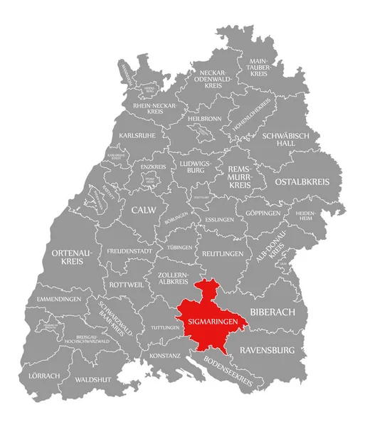 Okres Sigmaringen červeně zvýrazněný na mapě Baden Wuerttemberg — Stock fotografie