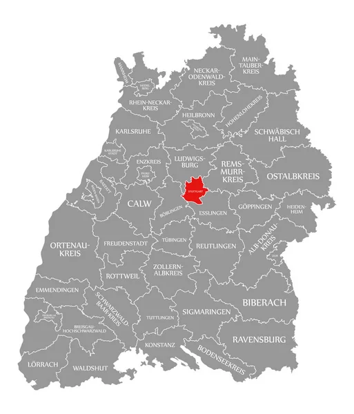 Stuttgart county red highlighted in map of Baden Wuerttemberg Ge — Stock Photo, Image