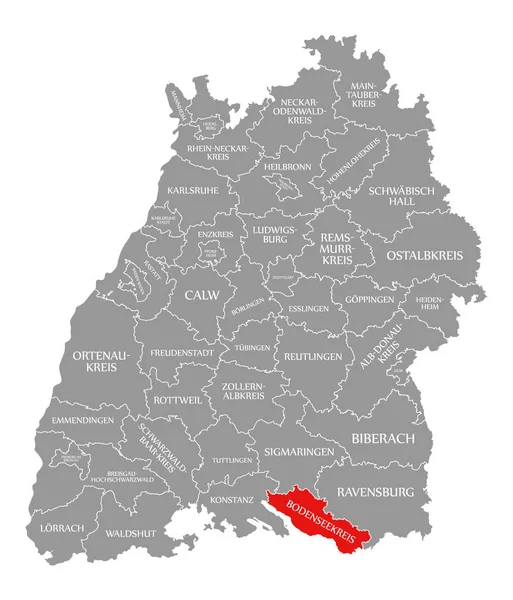 バーデン Wuerttember の地図でハイライトされた Bodenseekreis 郡赤 — ストック写真
