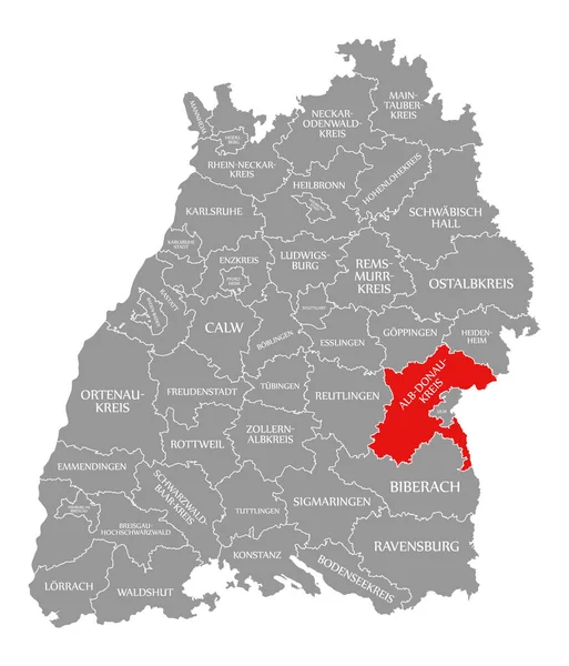 Alb-Donau-Kreis County červeně zvýrazněná na mapě Baden Wuerttemb — Stock fotografie