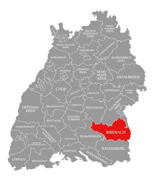 Biberach el condado rojo resaltado en el mapa de Baden Wuerttemberg Ger — Foto de Stock