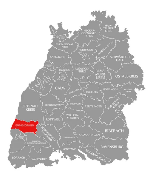 Emmendingen el condado rojo resaltado en el mapa de Baden Wuerttemberg — Foto de Stock