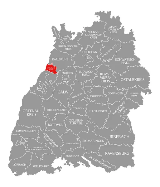 Karlsruhe City el condado rojo destacado en el mapa de Baden Wuerttembe — Foto de Stock