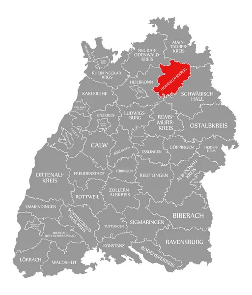 Hohenlohekreis rot hervorgehoben in Karte von Baden-Württemberg — Stockfoto