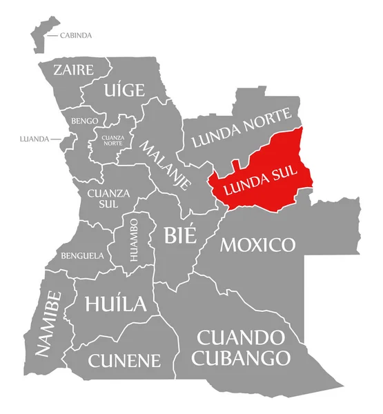 Lunda Sul Rojo Resaltado Mapa Angola — Foto de Stock
