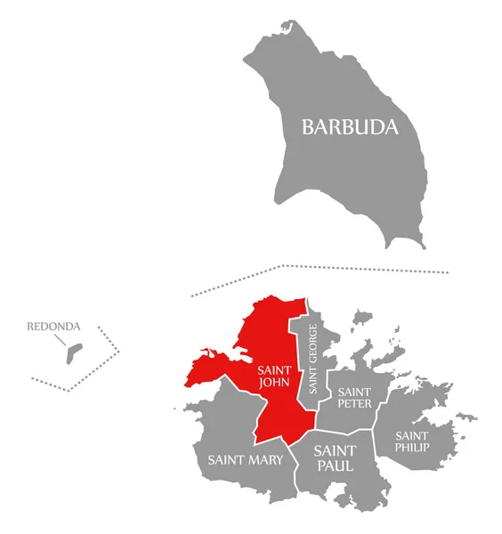 安提瓜和巴布达地图中突出显示的圣约翰红色 — 图库照片