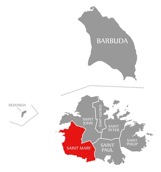 安提瓜和巴布达地图中突出显示的圣玛丽红色 — 图库照片