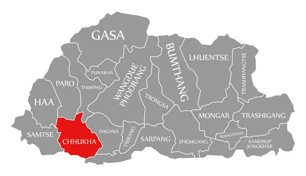 Chhukha Rojo Resaltado Mapa Bután — Foto de Stock